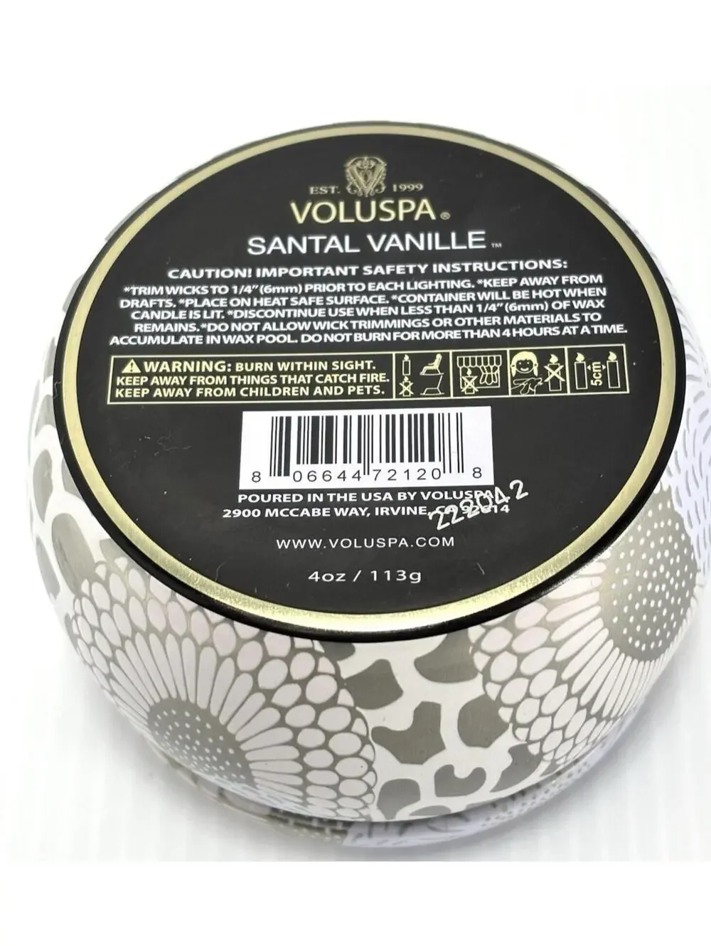 Voluspa Santal Vanille Mini Tin Candle 4oz/113g Warm Vanilla Sandalwood Scent